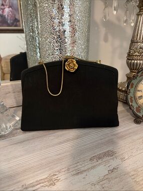 Classic Vintage Black Evening Clutch with Gold Floral Accent